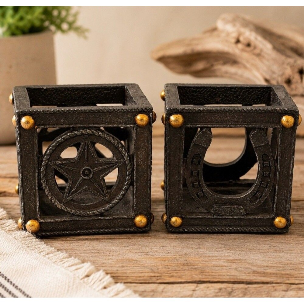 Western Texas Star & Horseshoe Votive Candle Holders Set Rustic Ranch Decor
